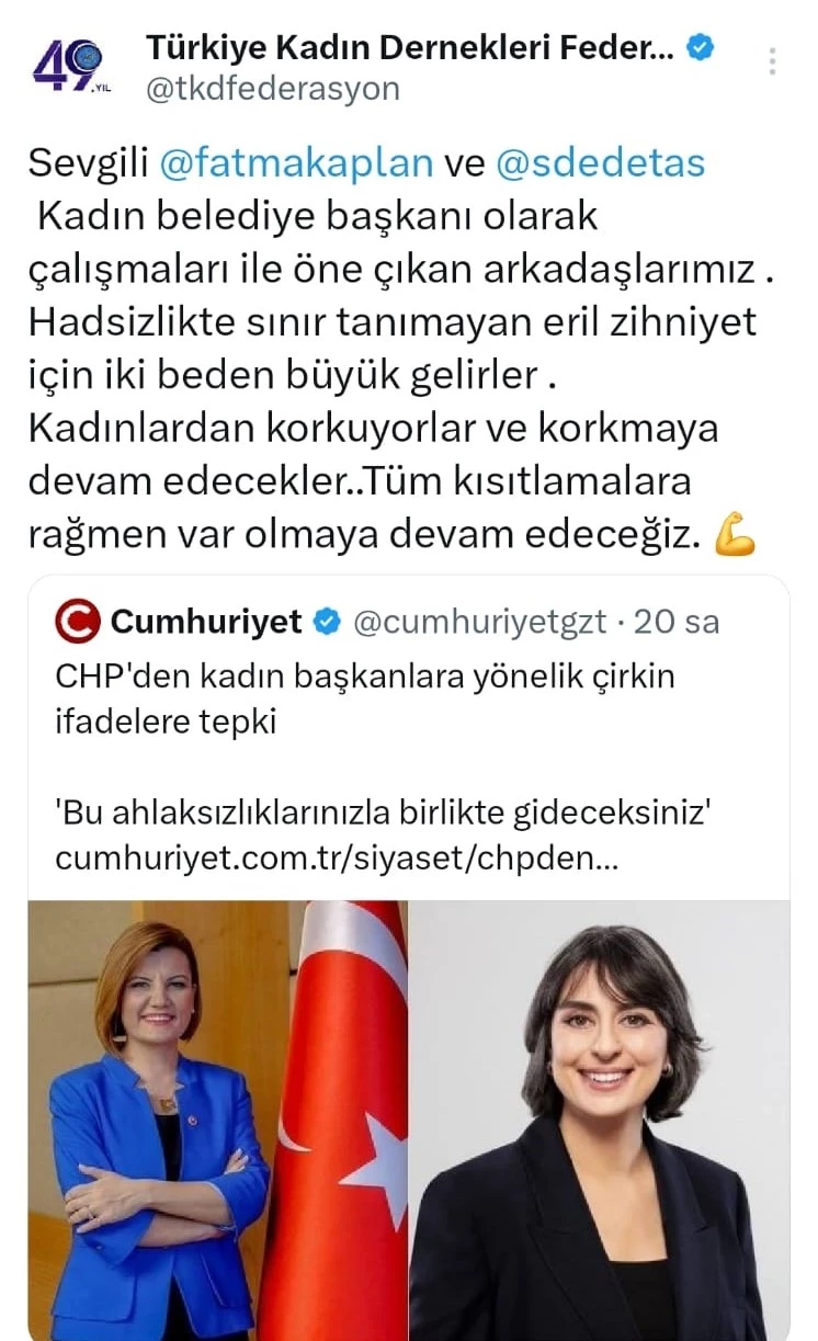 TÜRKİYE KADIN DERNEKLERİ FEDERASYONU’NDAN BAŞKAN HÜRRİYET’E DESTEK PAYLAŞIMI